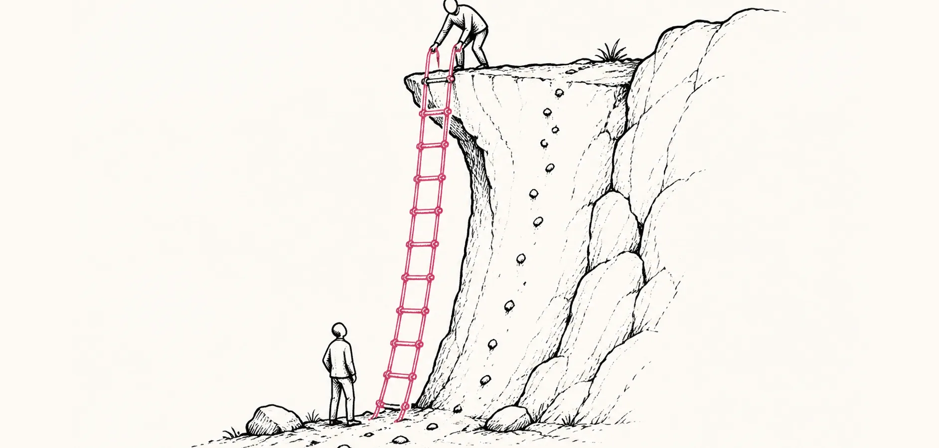 One figure on a cliff edge lowers a rope ladder to a second figure waiting at the bottom, beside a row of handholds from the climb up.